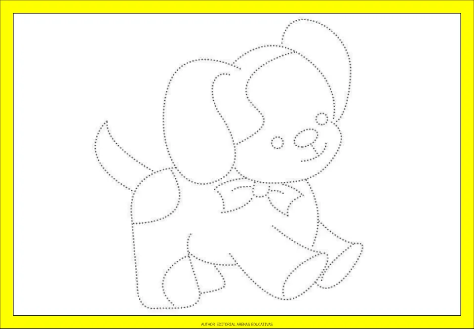 Dotted puppy outline mid-step: children trace its floppy ears, bow tie, nose, paws and tail, then decorate the puppy