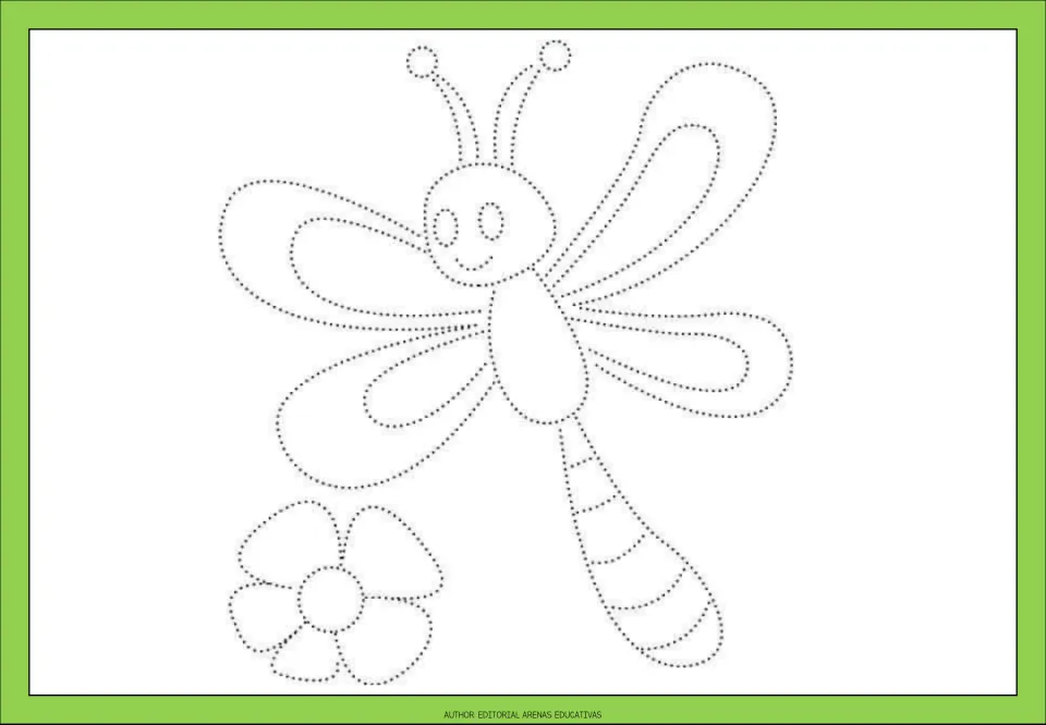 Dotted dragonfly outline beside a flower: children trace four wings, antennae, striped tail and petals, then color them