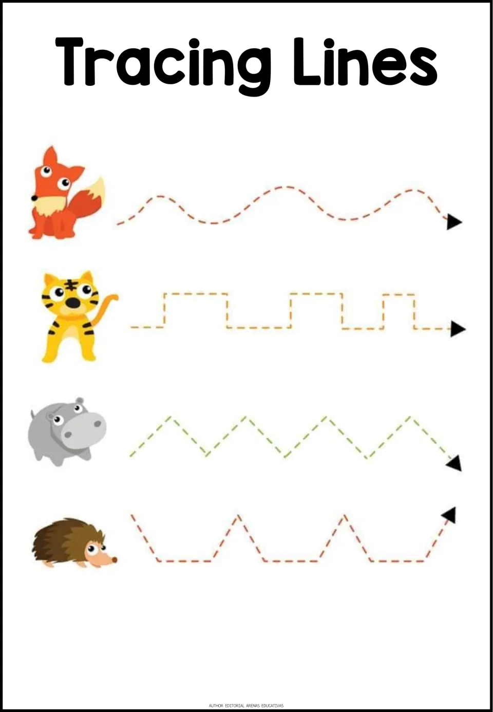 Pre-writing practice: students trace wavy, square, zigzag and peaked dashed paths from a fox, tiger, hippo and hedgehog