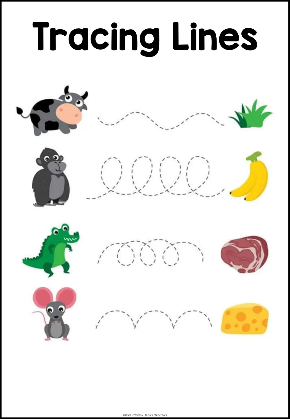Animal food paths: students trace wavy and looping paths leading a cow to grass, gorilla to bananas, crocodile to meat