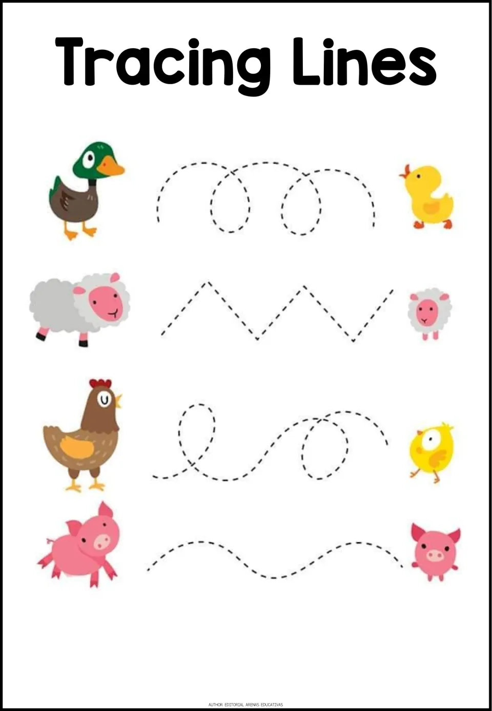 Farm animal tracing: students follow looping, zigzag and wavy paths joining a duck, sheep, hen and pig to their babies