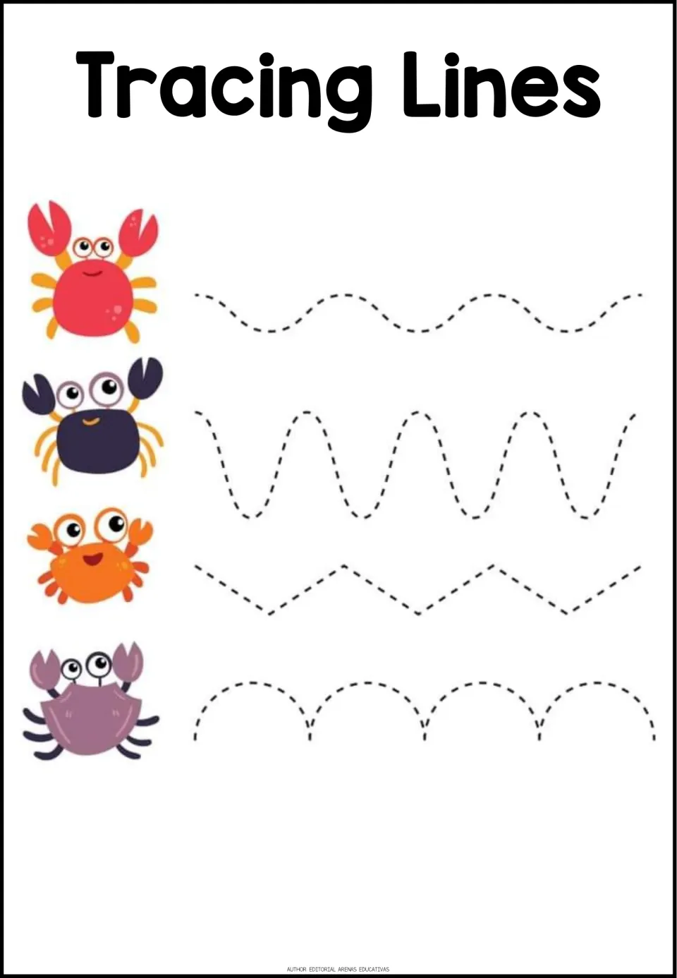 Crab tracing practice: students trace gentle waves, tall waves, a zigzag and a row of arches beside four cartoon crabs