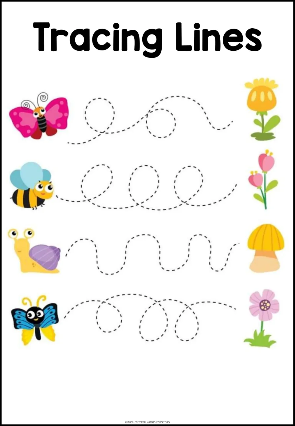 Garden tracing: students follow loops and curves to guide two butterflies, a bee and a snail to flowers and a mushroom