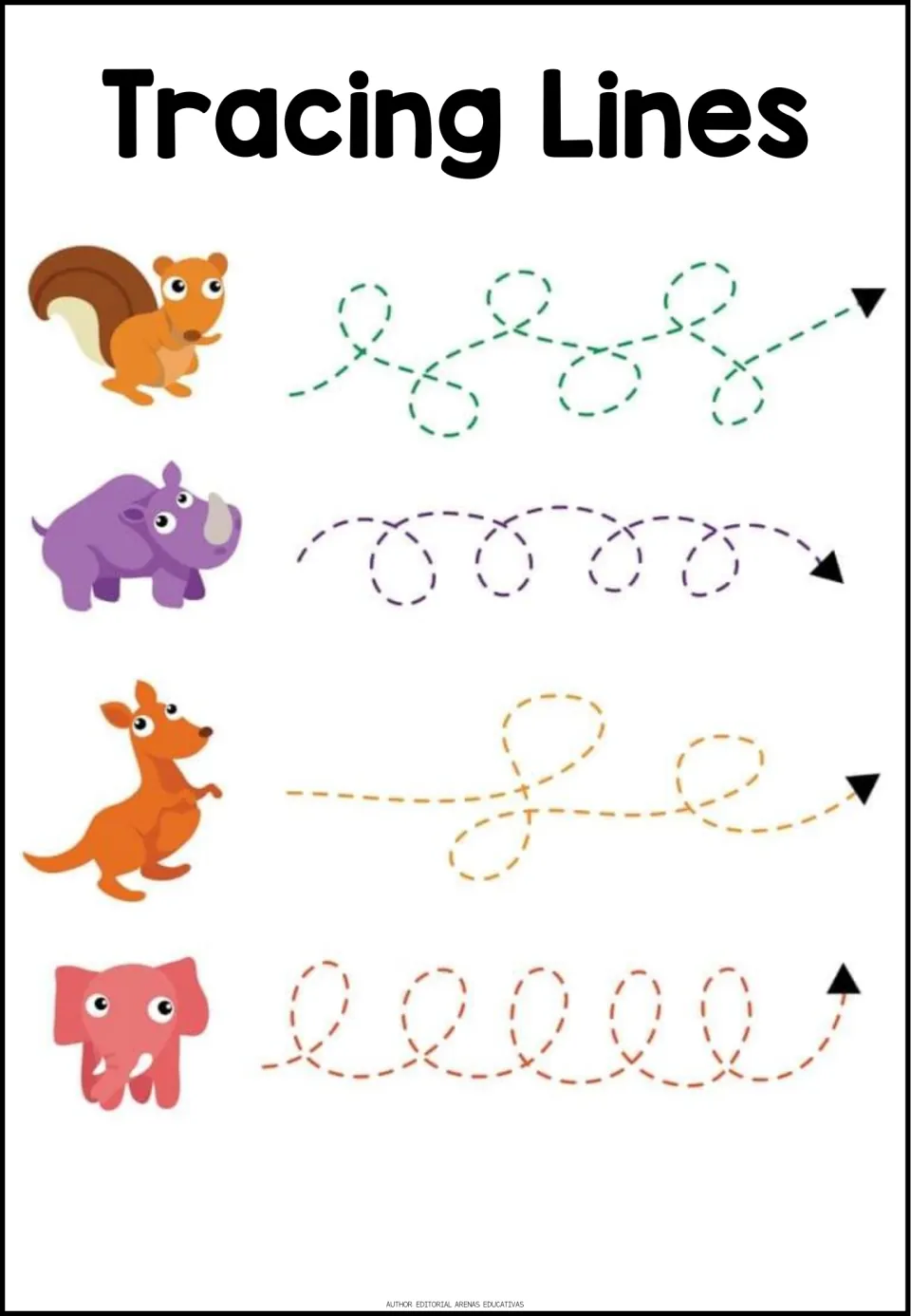 Loop tracing practice: students trace curly dashed paths with arrows beside a squirrel, rhinoceros, kangaroo and elephant