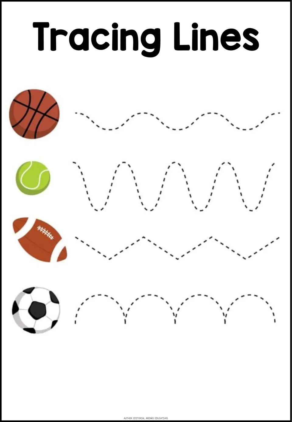 Sports ball tracing: students trace waves, a zigzag and arches beside a basketball, tennis ball, football and soccer ball
