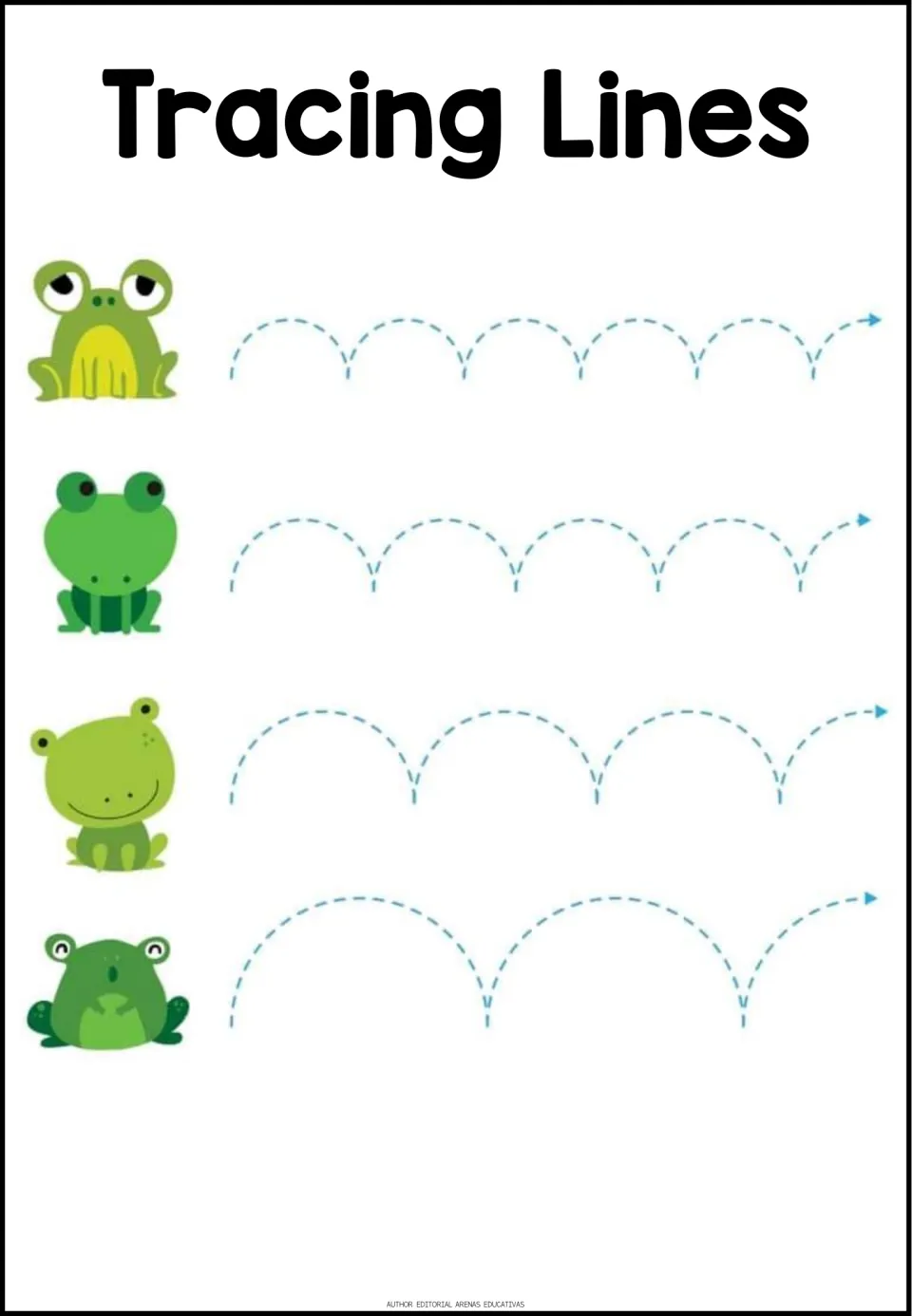 Frog hop tracing: students trace rows of dashed arches, from small to large hops, beside four green frogs
