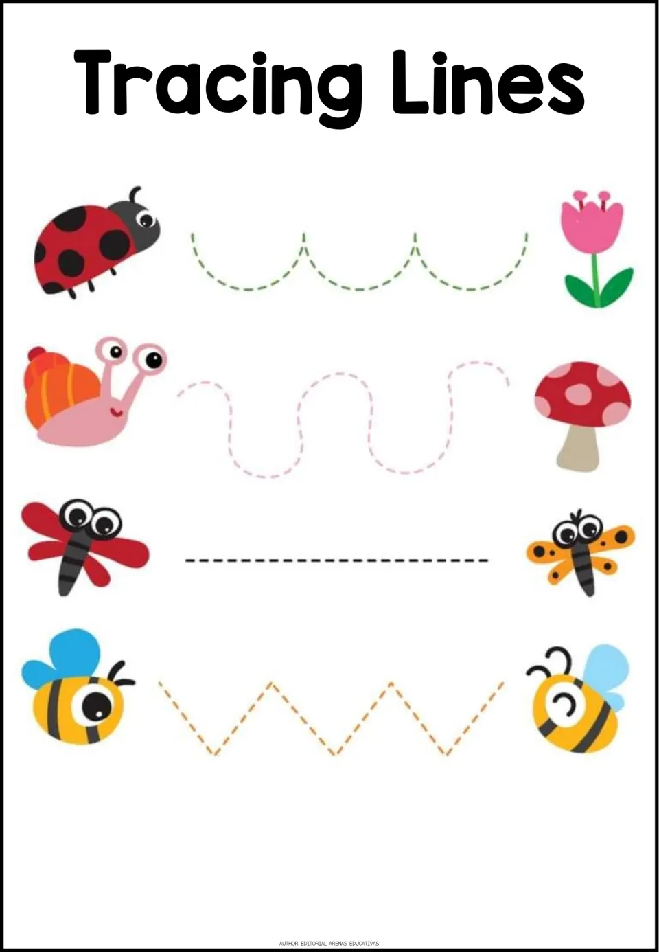 Bug tracing: students trace cup curves, waves, a straight path and a zigzag from a ladybug, snail, dragonfly and bee