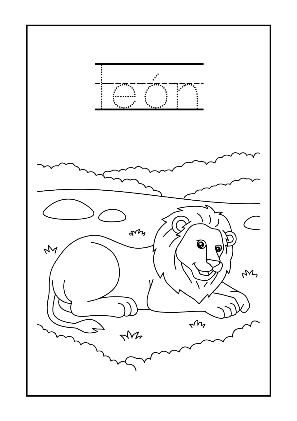 Spanish word león: students trace the dotted word for lion, then color a smiling lion lying in grass near rocks and bushes