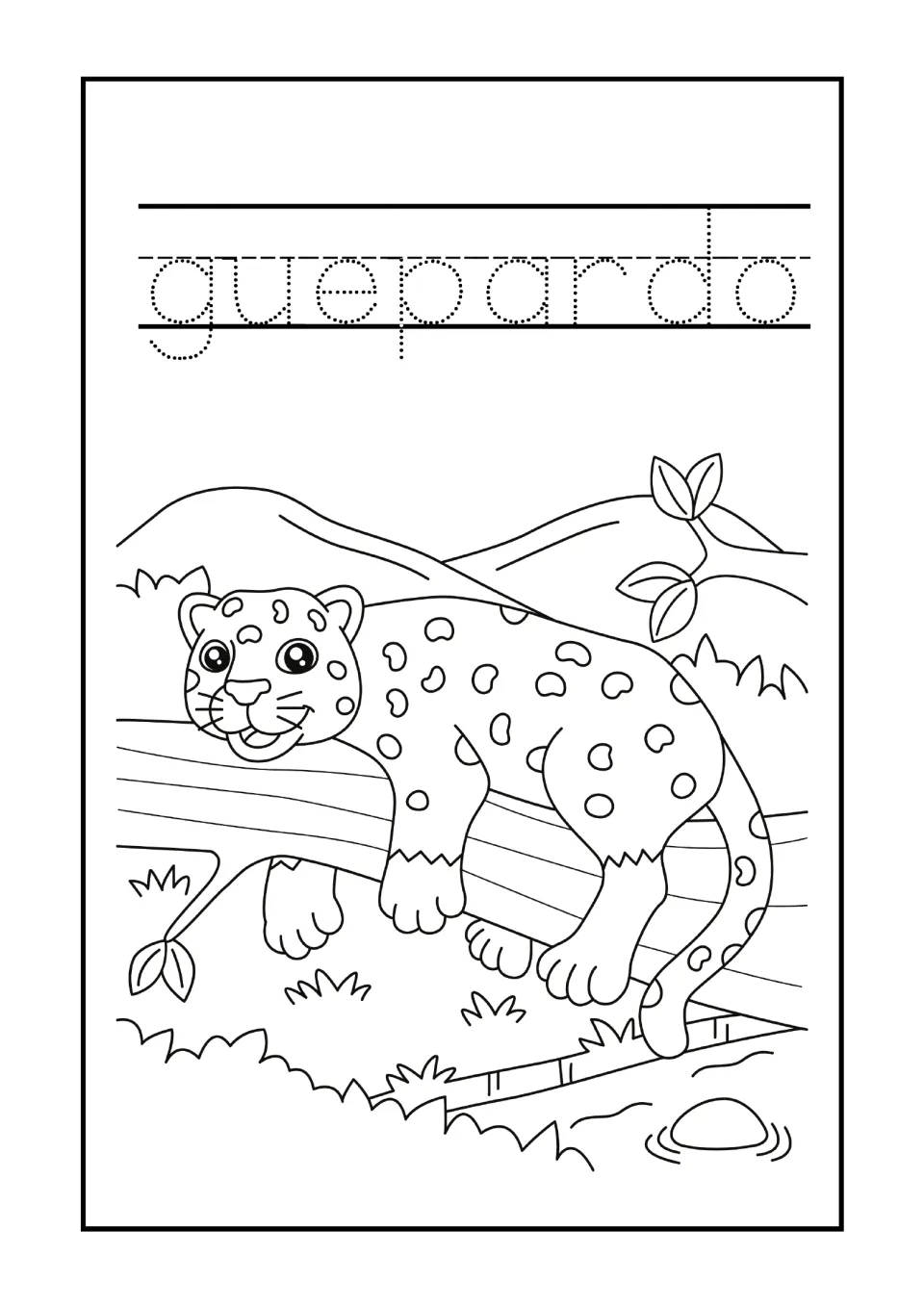Spanish word guepardo: students trace the dotted word, then color a spotted big cat resting on a tree branch above a stream