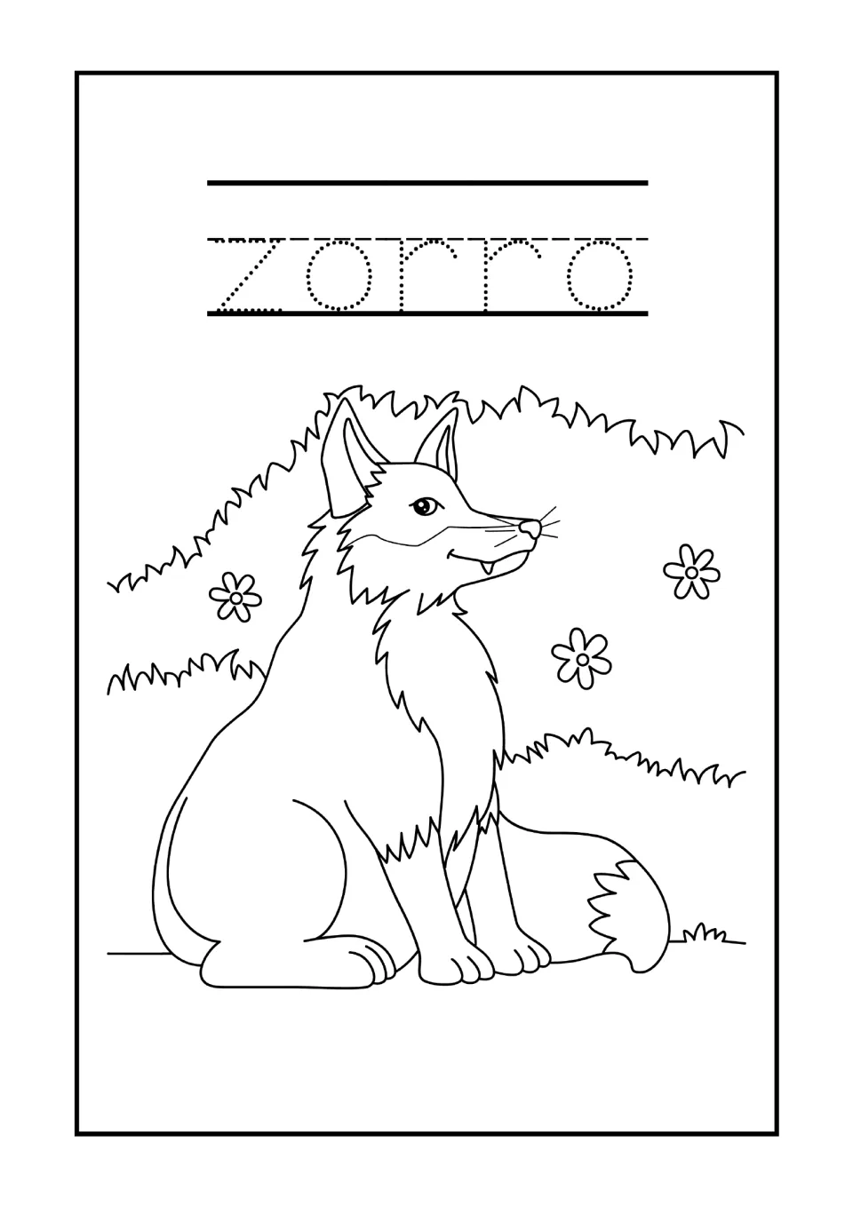 Spanish word zorro: students trace the dotted word for fox, then color a fox sitting in front of grassy bushes and flowers