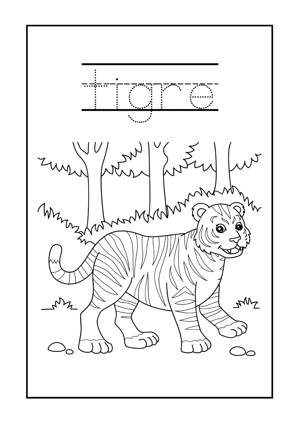 Spanish word tigre: students trace the dotted word for tiger, then color a striped tiger walking past trees and pebbles