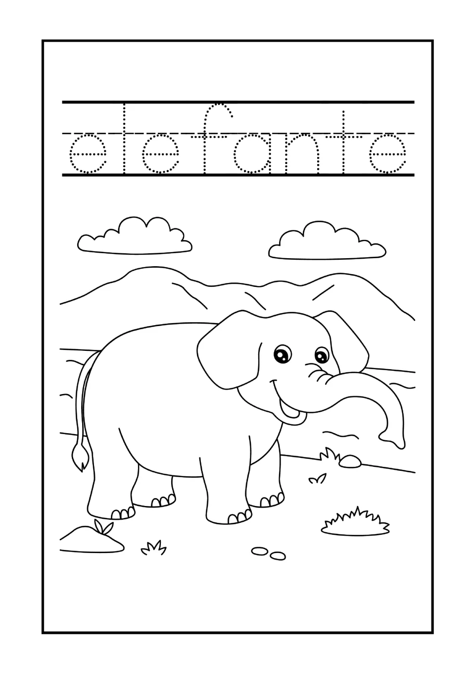 Spanish word elefante: students trace the dotted word for elephant, then color a smiling elephant by a river under clouds