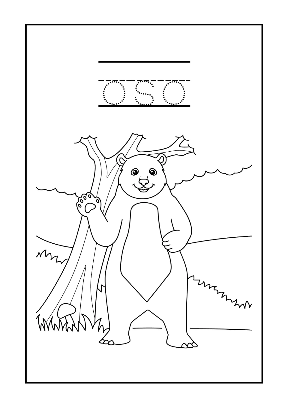 Spanish word oso: students trace the dotted word for bear, then color a waving bear standing beside a tree and mushroom