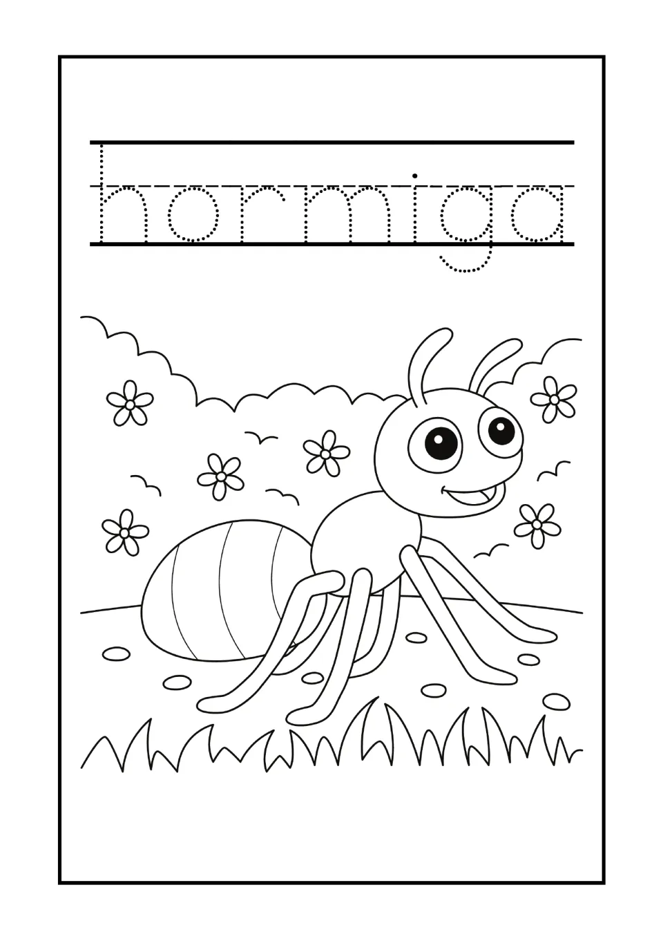 Spanish word hormiga: students trace the dotted word for ant, then color a cartoon ant standing in grass among flowers