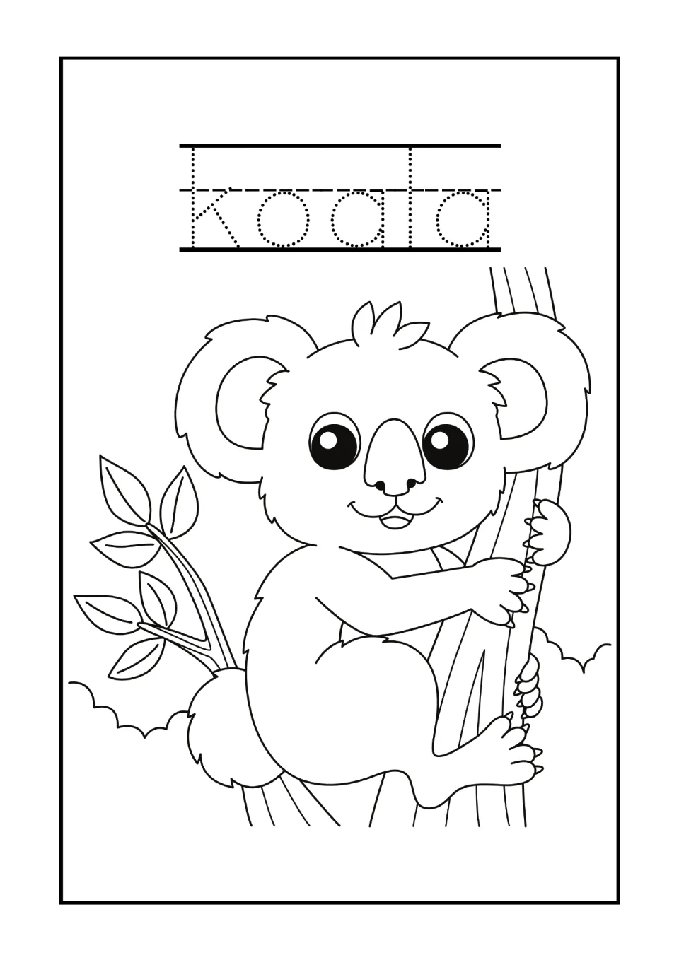 Spanish word koala: students trace the dotted word, then color a koala climbing a tree trunk beside a leafy branch