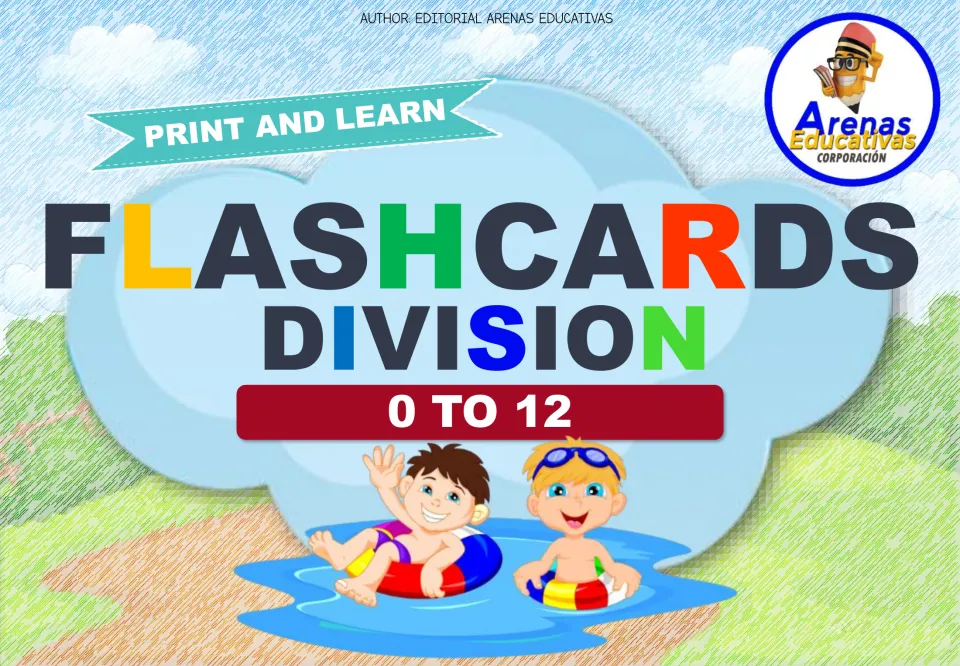 Cover of Print and Learn division flashcards 0 to 12 by Arenas Educativas, showing two cartoon boys floating in a pool
