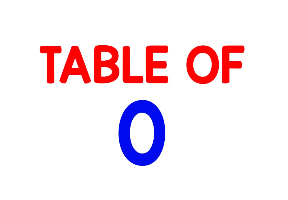 Divider card reading TABLE OF 0 in large red and blue letters, introducing the division cards for dividing by zero