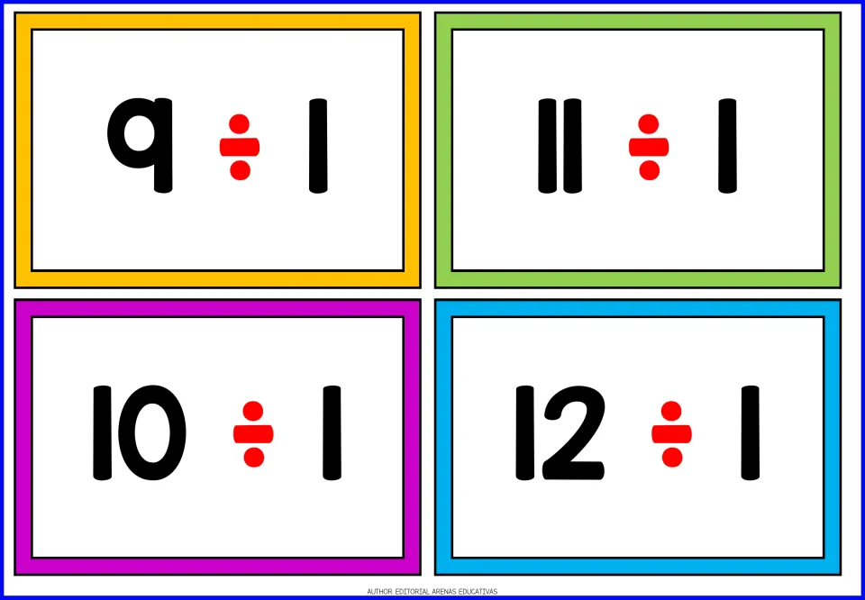 Final divide-by-one cards: 9 ÷ 1, 10 ÷ 1, 11 ÷ 1 and 12 ÷ 1, four printable facts for timed recall practice