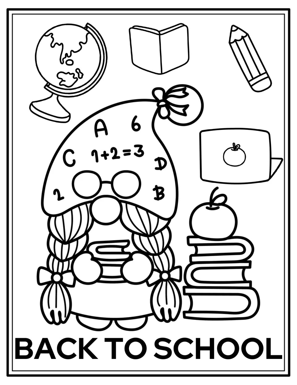Back-to-school coloring page: a braided gnome holding books, school supplies, and 'BACK TO SCHOOL'