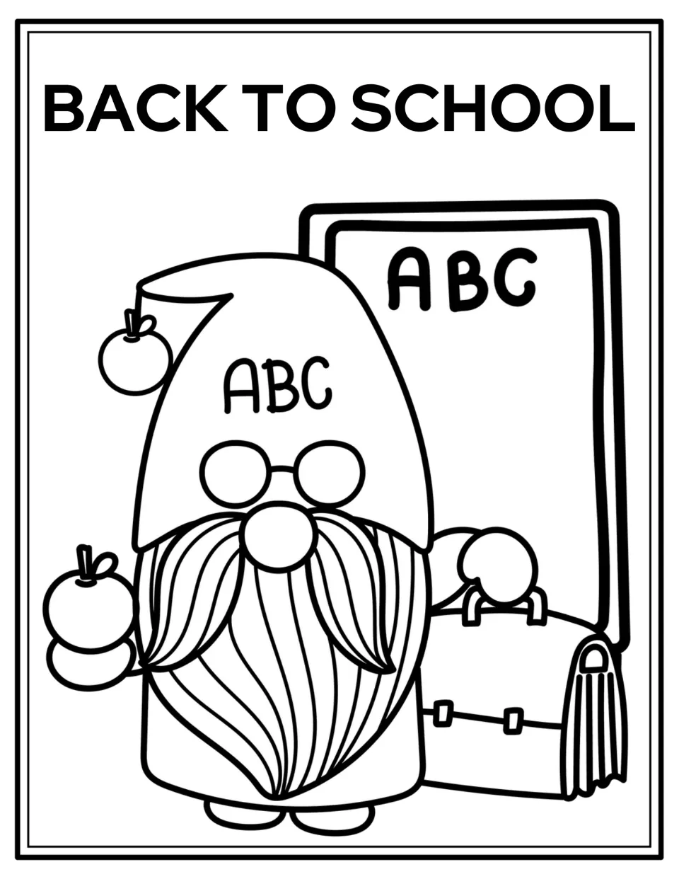 Back-to-school coloring page: a bearded gnome, an ABC board, a briefcase, and 'BACK TO SCHOOL'