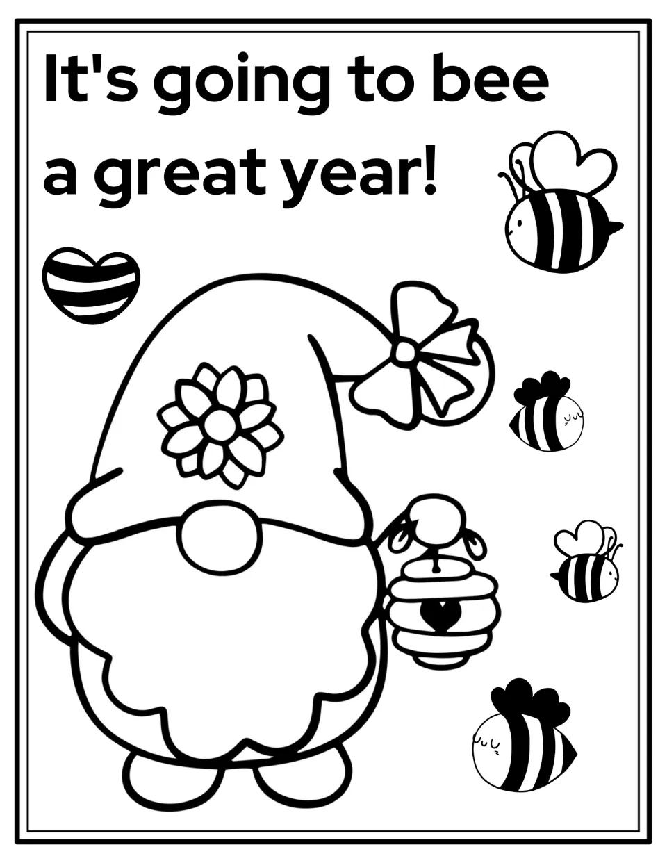 Back-to-school coloring page: a bearded gnome holds a hive beneath 'It's going to bee a great year!'