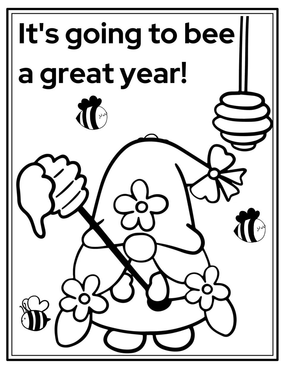 Back-to-school coloring page: a braided gnome holds a honey dipper under 'It's going to bee a great year!'