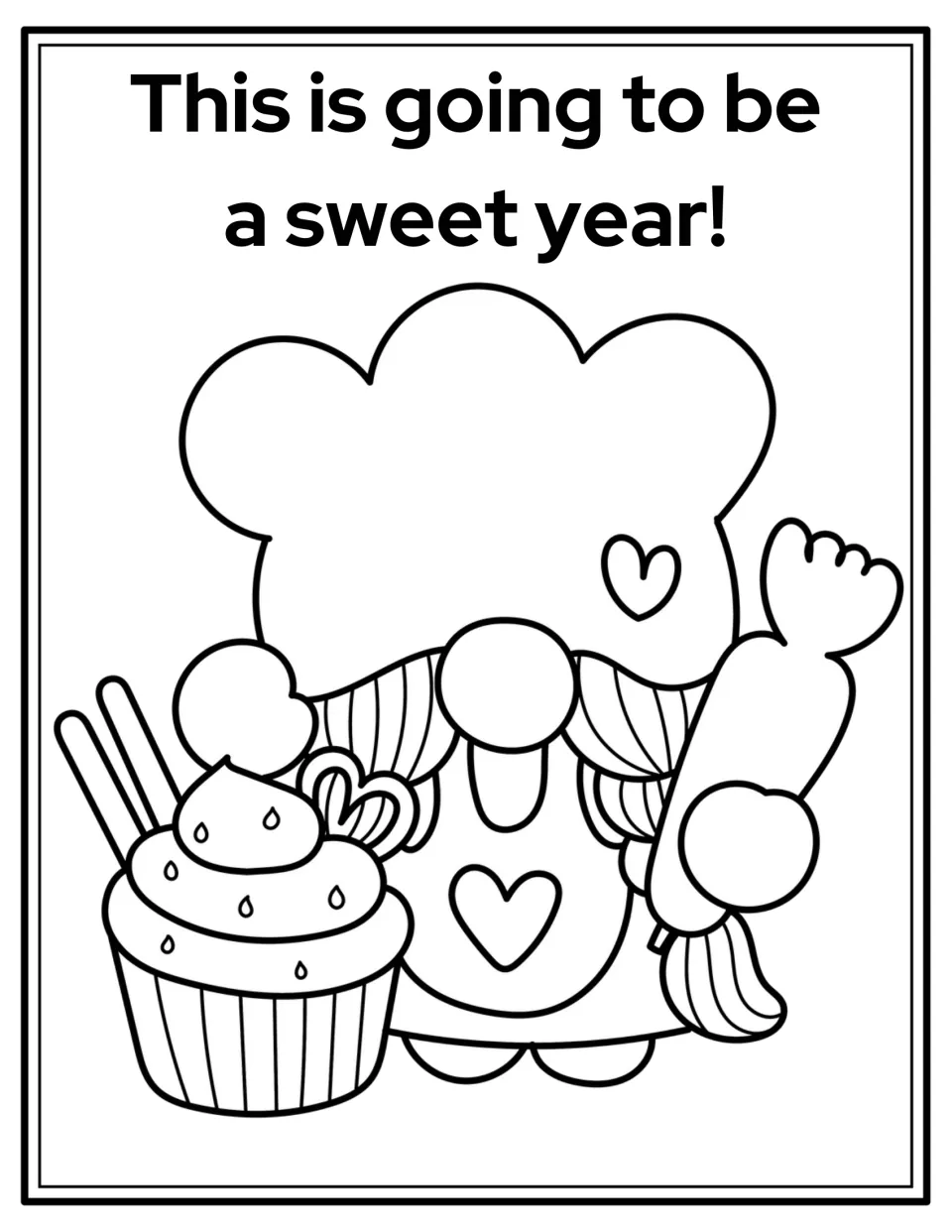 Back-to-school coloring page: a chef gnome, cupcake, and candy under 'This is going to be a sweet year!'