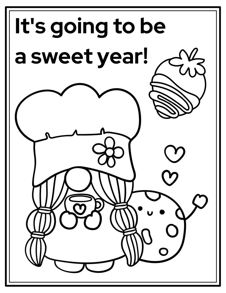 Back-to-school coloring page: a chef gnome holds a cup beside a cookie; 'It's going to be a sweet year!'
