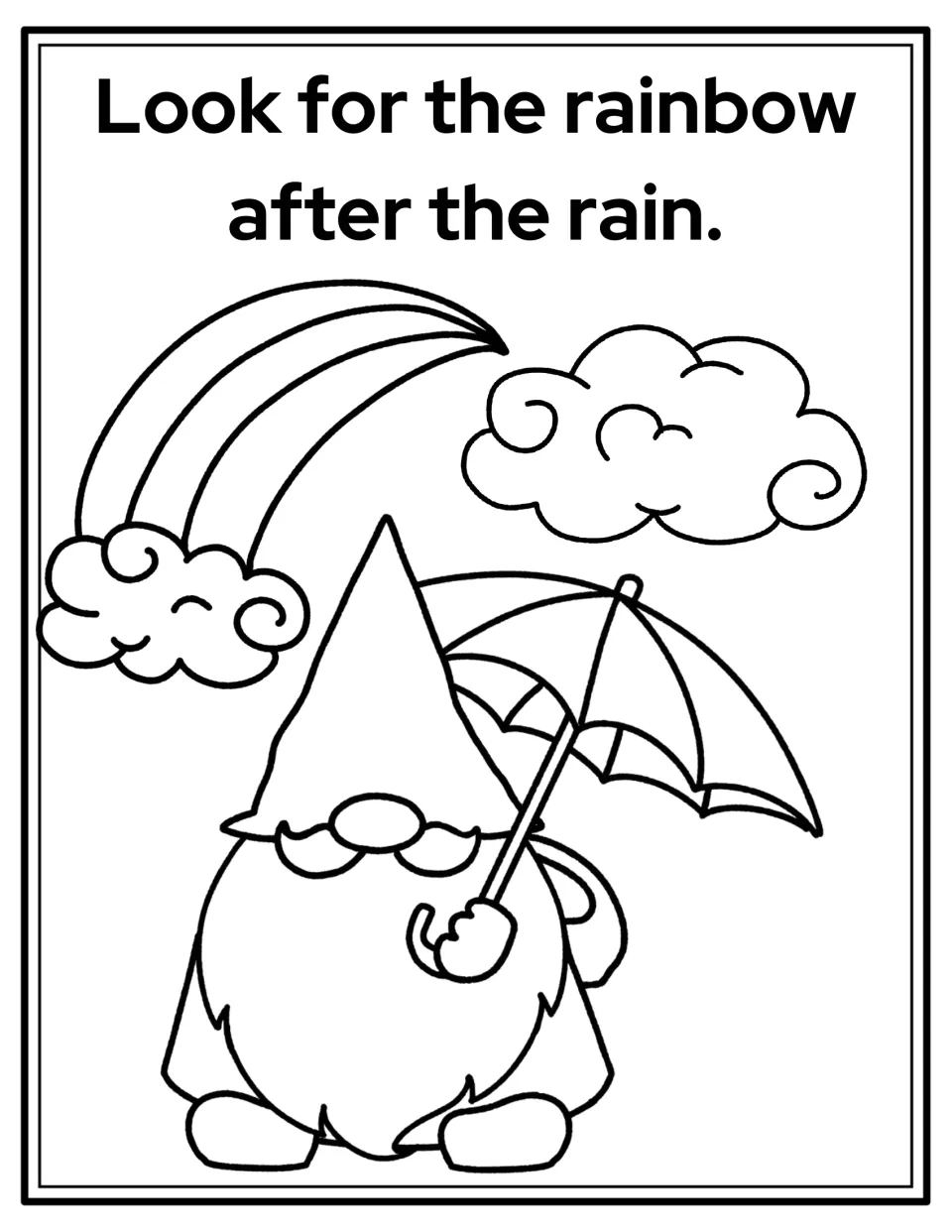 Back-to-school coloring page: a gnome holds an umbrella beneath 'Look for the rainbow after the rain.'