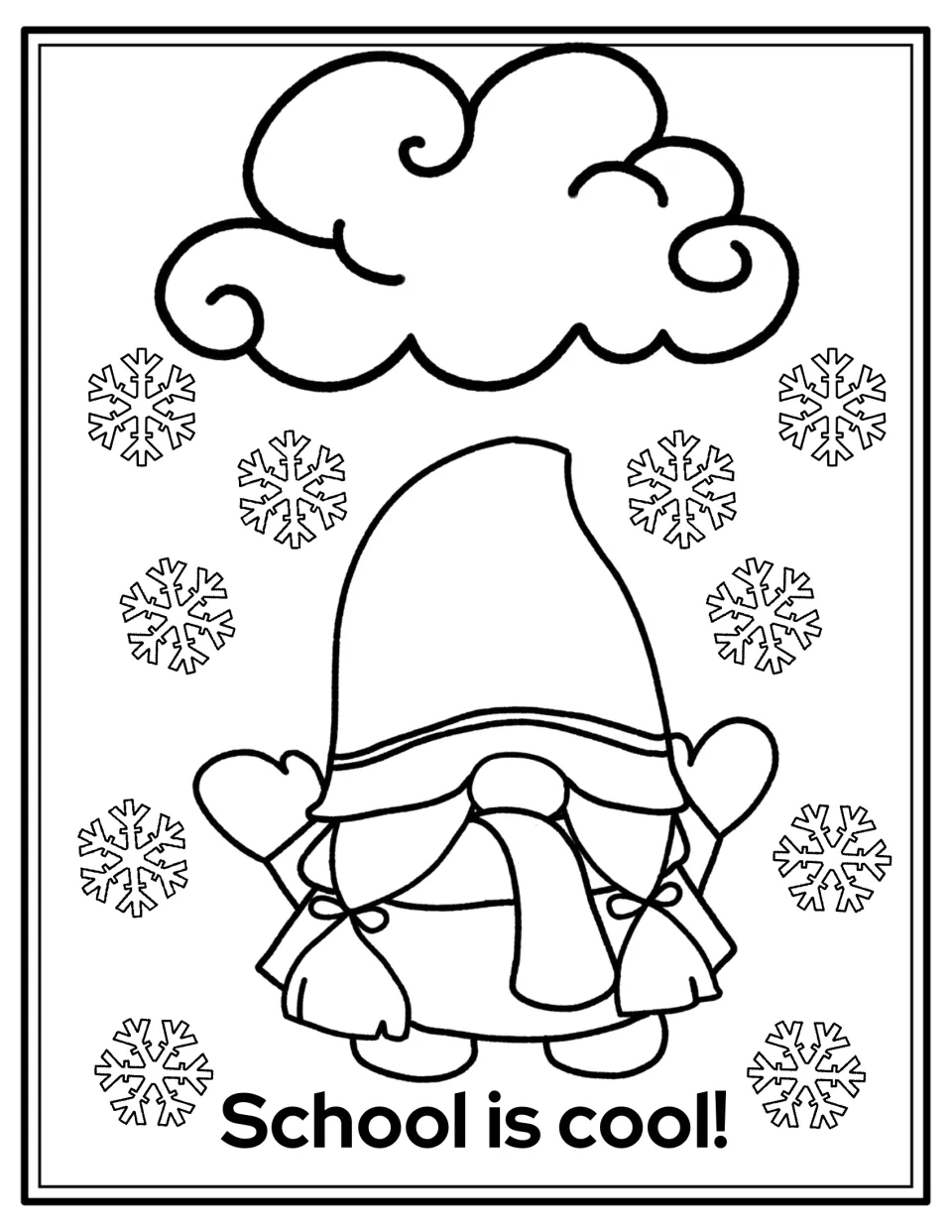 Back-to-school coloring page: a gnome in mittens and a scarf stands among snowflakes; 'School is cool!'