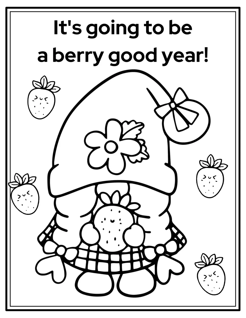Back-to-school coloring page: a braided gnome holds a strawberry; 'It's going to be a berry good year!'
