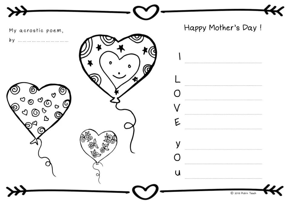 Happy Mother's Day acrostic: students write a line for each letter of I LOVE YOU, then color three heart balloons
