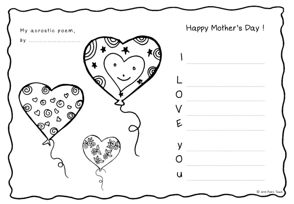 I LOVE YOU acrostic poem for Mother's Day: children write a line per letter and color heart balloons, wavy edging