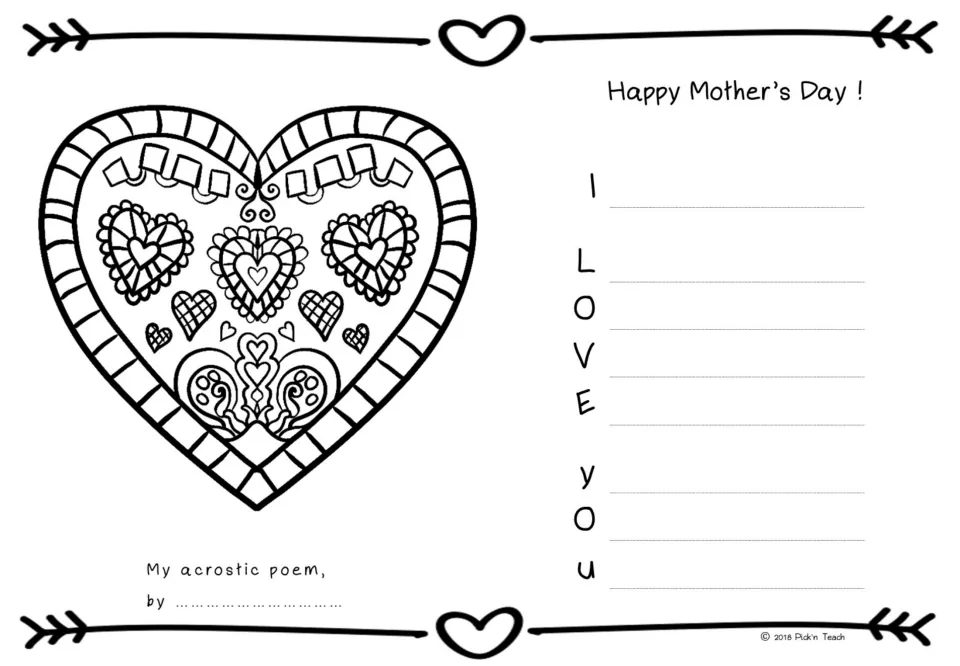 Mother's Day acrostic using I LOVE YOU: students write a poem line per letter and color a large ornate heart design
