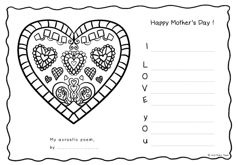 Ornate heart coloring with an I LOVE YOU acrostic: students write Mother's Day poem lines and sign their name below