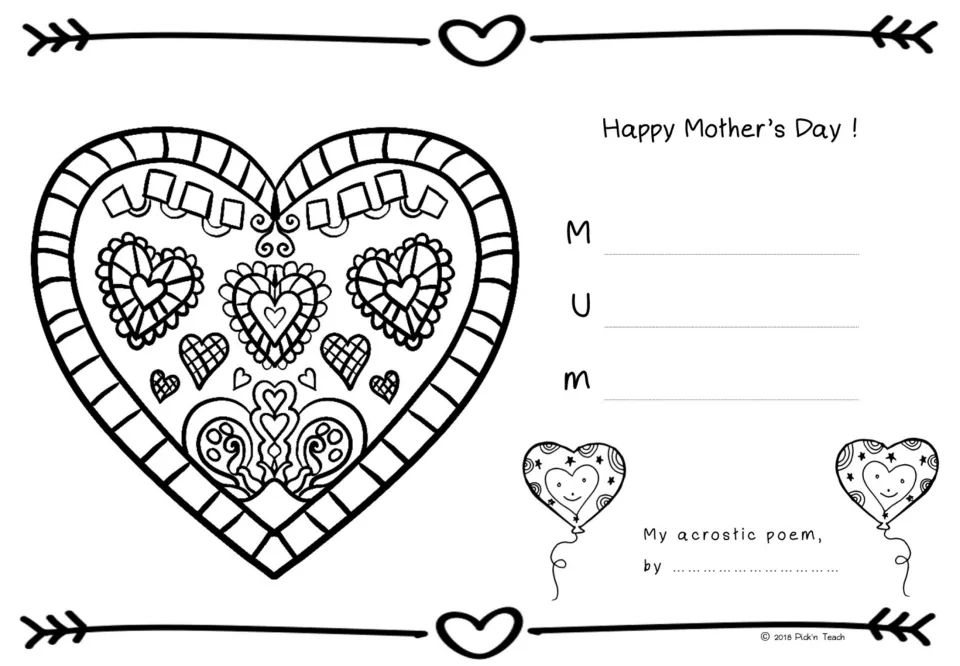 MUM acrostic poem for Mother's Day: students write three lines for M, U, M and color an ornate heart with arrow trim