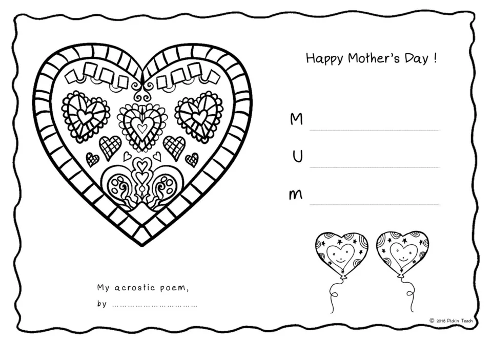 Three-line MUM acrostic: students compose a Mother's Day poem and color a patterned heart and two smiling balloons
