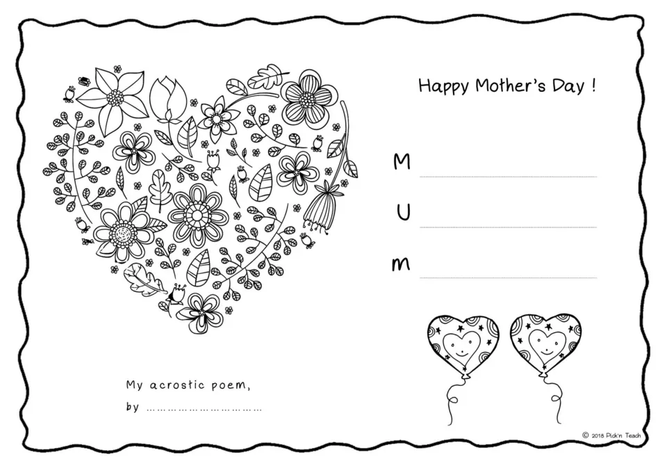 MUM acrostic with a flower-filled heart: students write a line for each letter and color the floral Mother's Day art