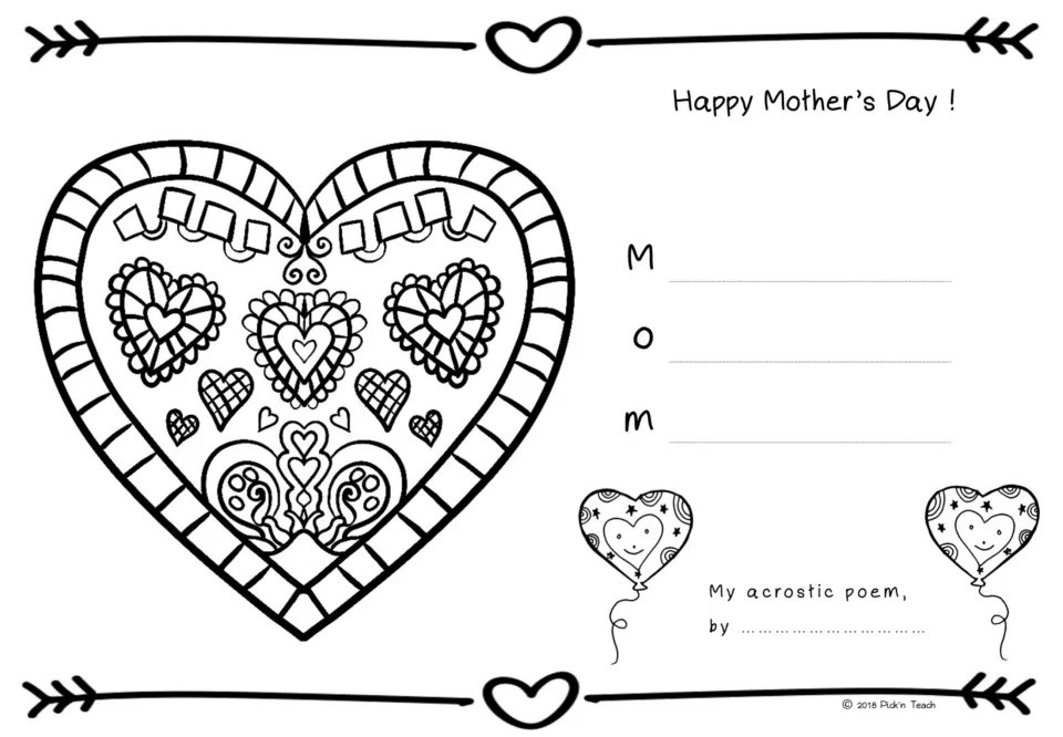 MOM acrostic poem for Mother's Day: students write lines for M, O, M and color a large ornate heart with arrow trim