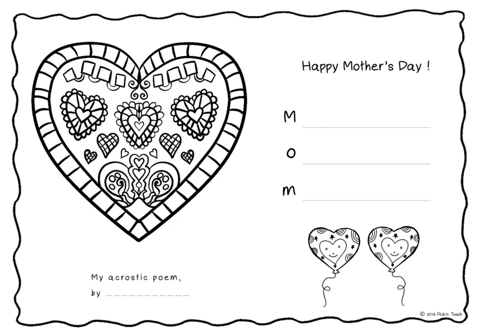 Three-line MOM acrostic: students write a Mother's Day poem and color a decorated heart and two smiling balloons