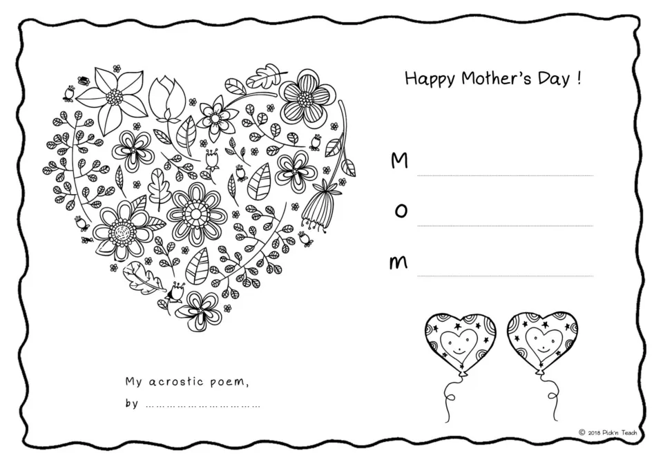 MOM acrostic with a floral heart: students write a line per letter and color flowers and leaves for Mother's Day