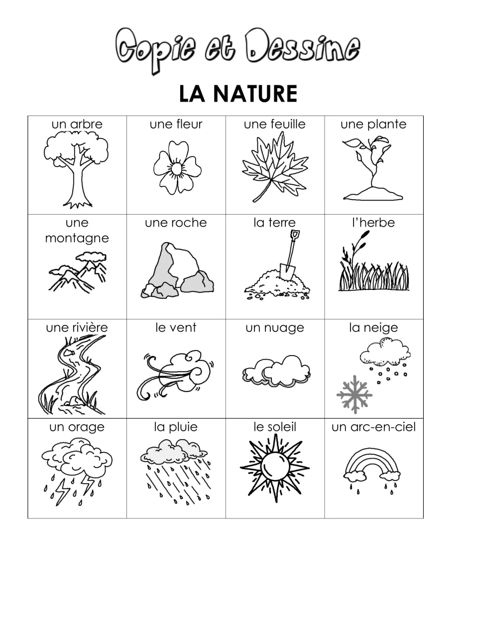 French nature vocabulary reference: un arbre (tree), une fleur (flower), une feuille (leaf) and 13 more
