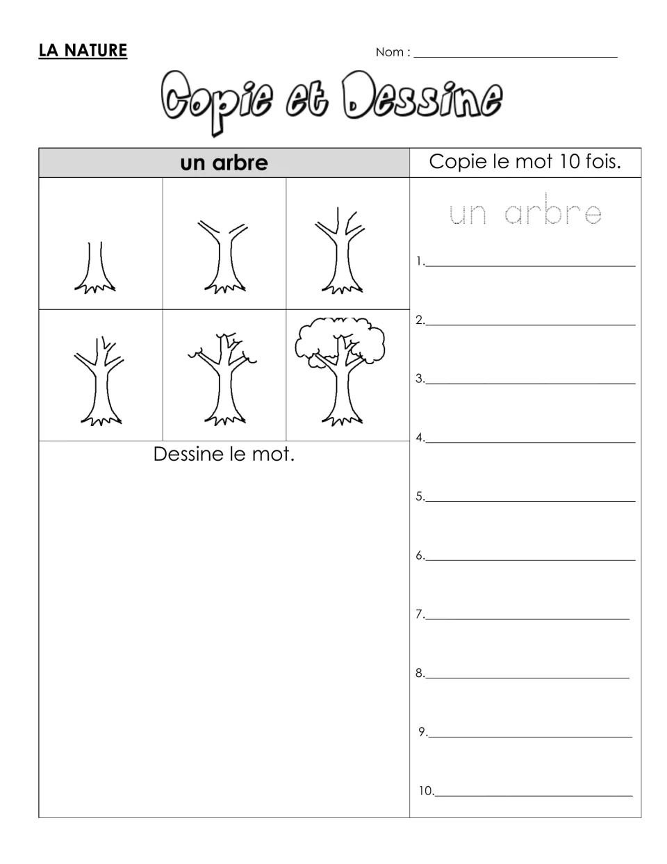 French vocabulary practice for un arbre (tree): six drawing steps, a tracing model and copying 10 times