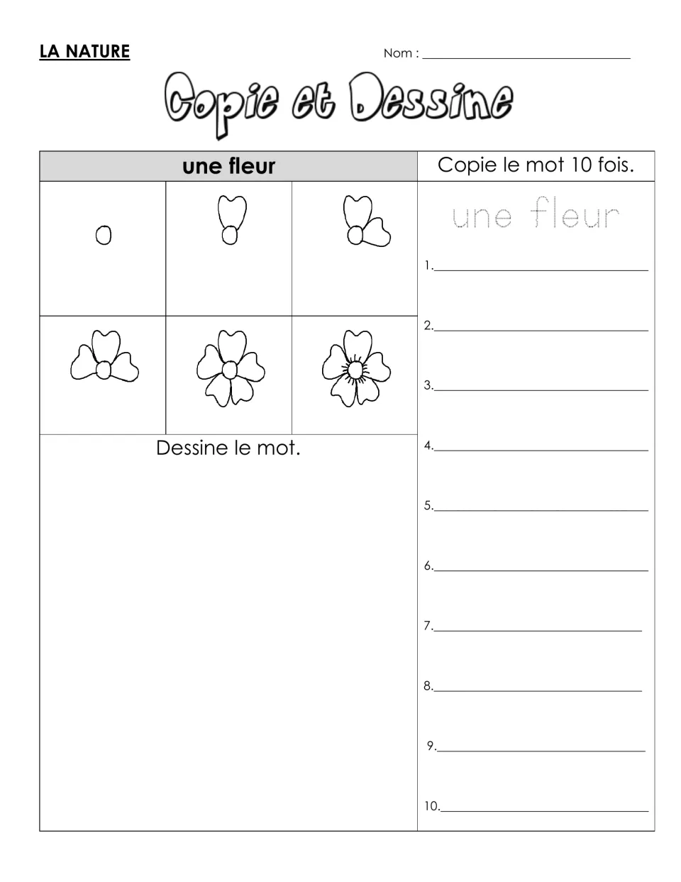 French vocabulary practice for une fleur (flower): six drawing steps and a model to trace and copy 10 times