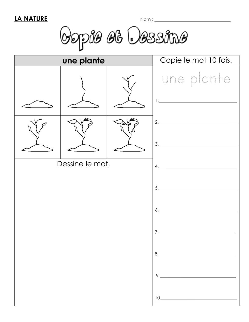French vocabulary practice for une plante (plant): six drawing steps and a model to trace and copy 10 times