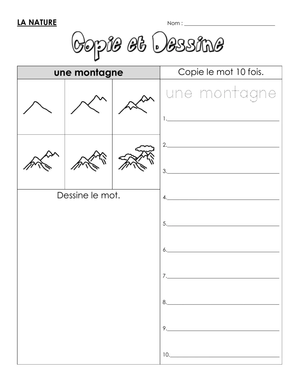 French vocabulary practice for une montagne (mountain): six drawing steps and a term to trace and copy 10 times