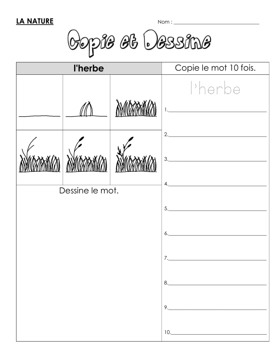 French vocabulary practice for l’herbe (grass): six drawing steps and a model to trace and copy 10 times