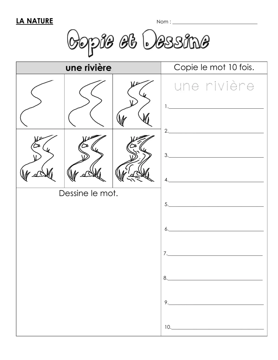 French vocabulary practice for une rivière (river): six drawing steps and a model to trace and copy 10 times