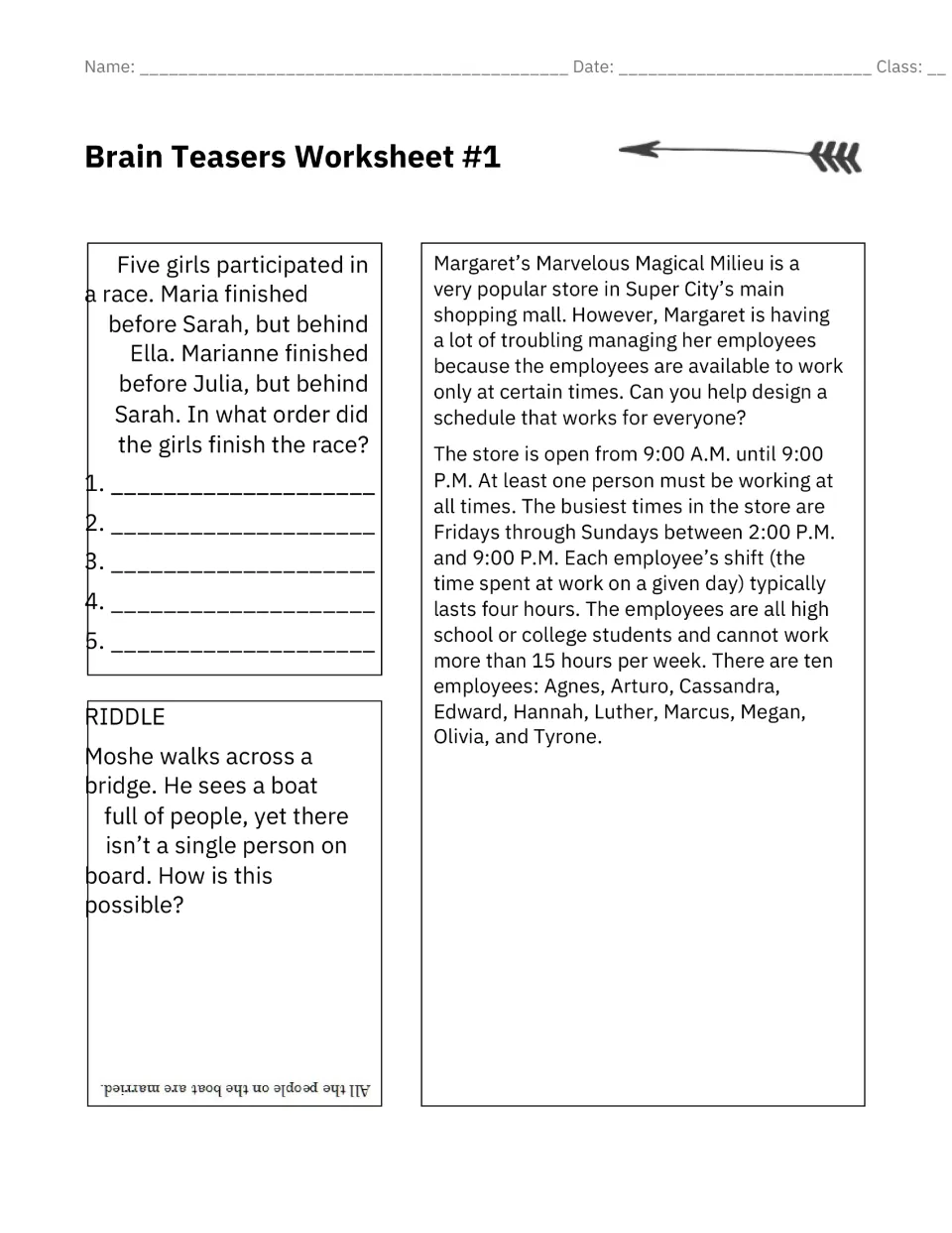 Brain Teasers Worksheet #1: students order five girls in a race, solve a boat riddle and plan a store's employee schedule