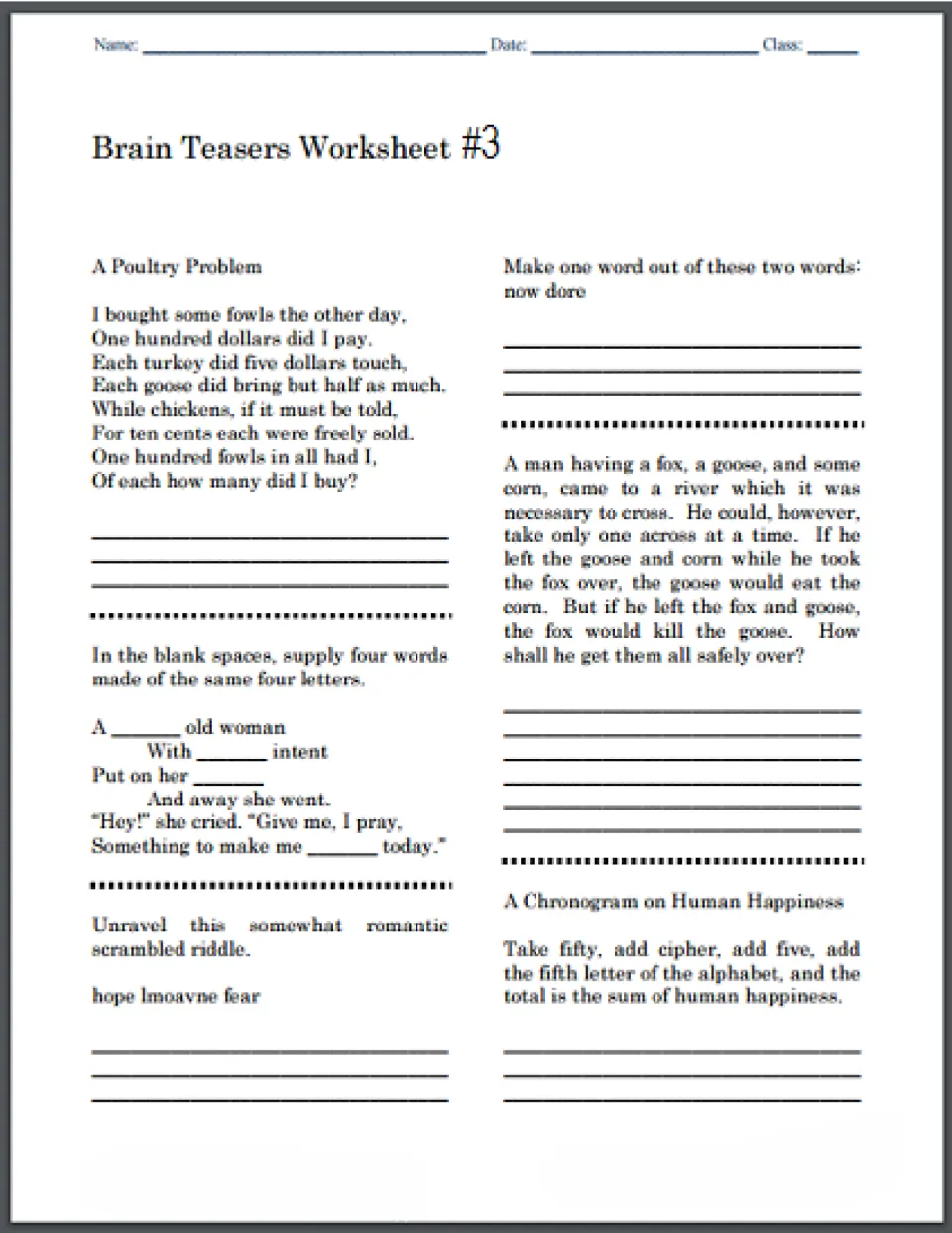 Brain Teasers Worksheet #3: a poultry cost problem, four-word anagram poem, fox-goose-corn river crossing and a chronogram